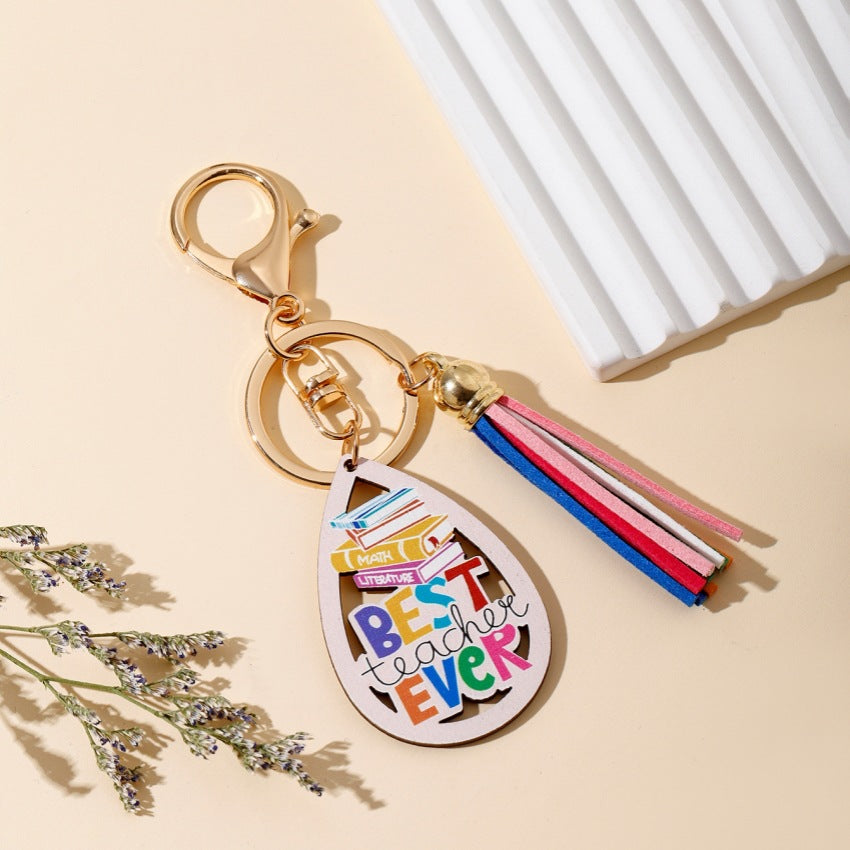 Wholesale Graduation Season Gift Teacher Rainbow Wooden Tag Tassel Keychain